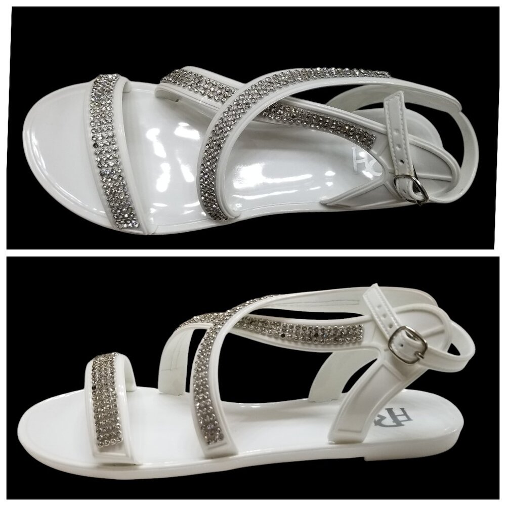 FARENHEIT Rhinestone Strappy Flat Jelly Sandals Womens Size 8 White New In Box